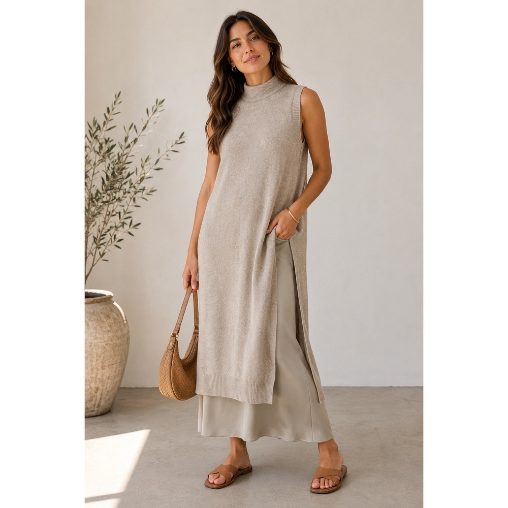 JOSEPH Wool Cashmere Silk Layered Sweater Dress Beige Lagenlook Minimalist Sz S‎
